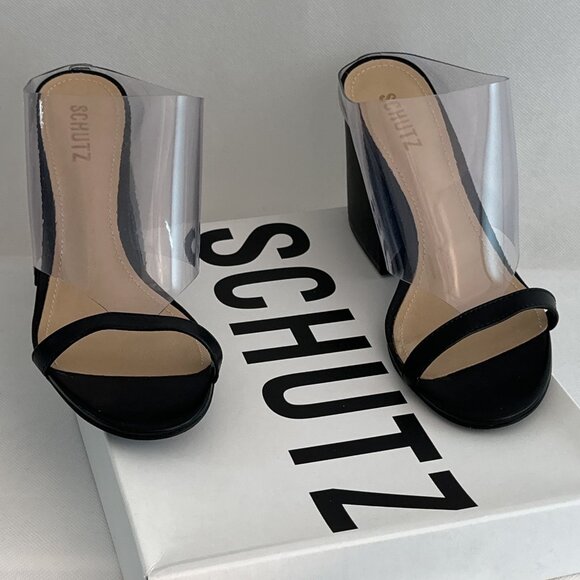 New in Box Schutz Raira Black Leather/Transparent Block Heel Slide Sandals - Picture 3 of 12